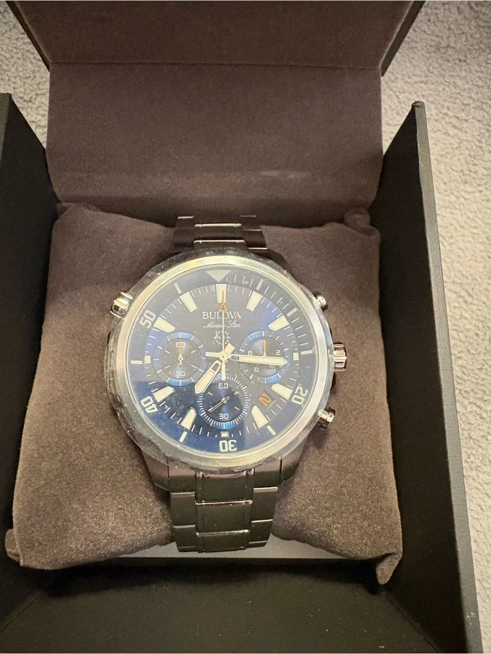 Men's Bulova Marine Star Series Steel 6-Hand Chronograph Quartz Watch Blue Dial